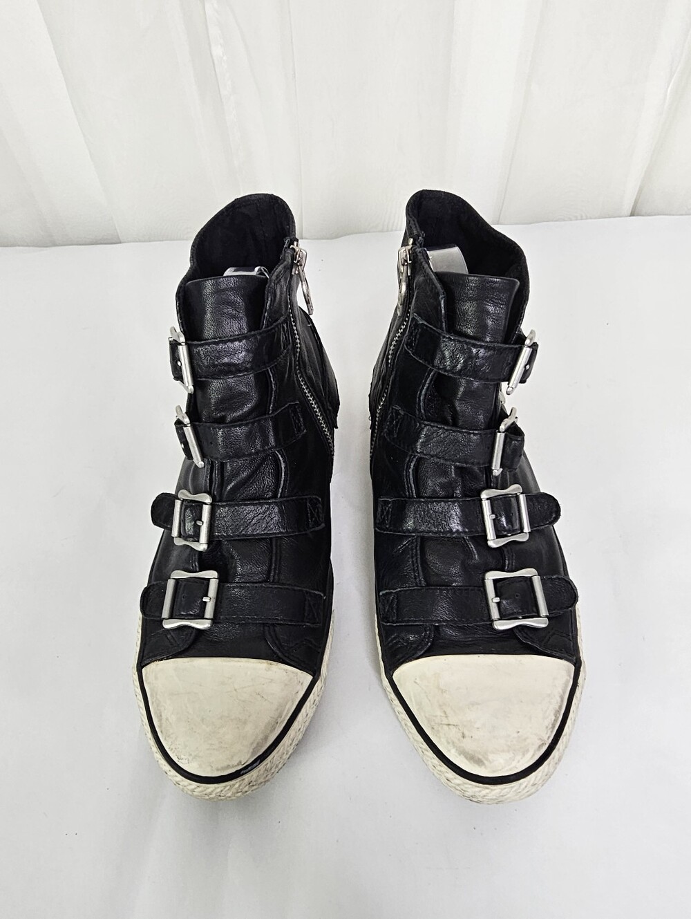 ASH Virgin Black Leather Buckle High Top Sneakers Size 41 - Picture 3 of 11